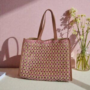 LOEFFLER RANDALL Pink Straw Woven Tote Shoulder Bag